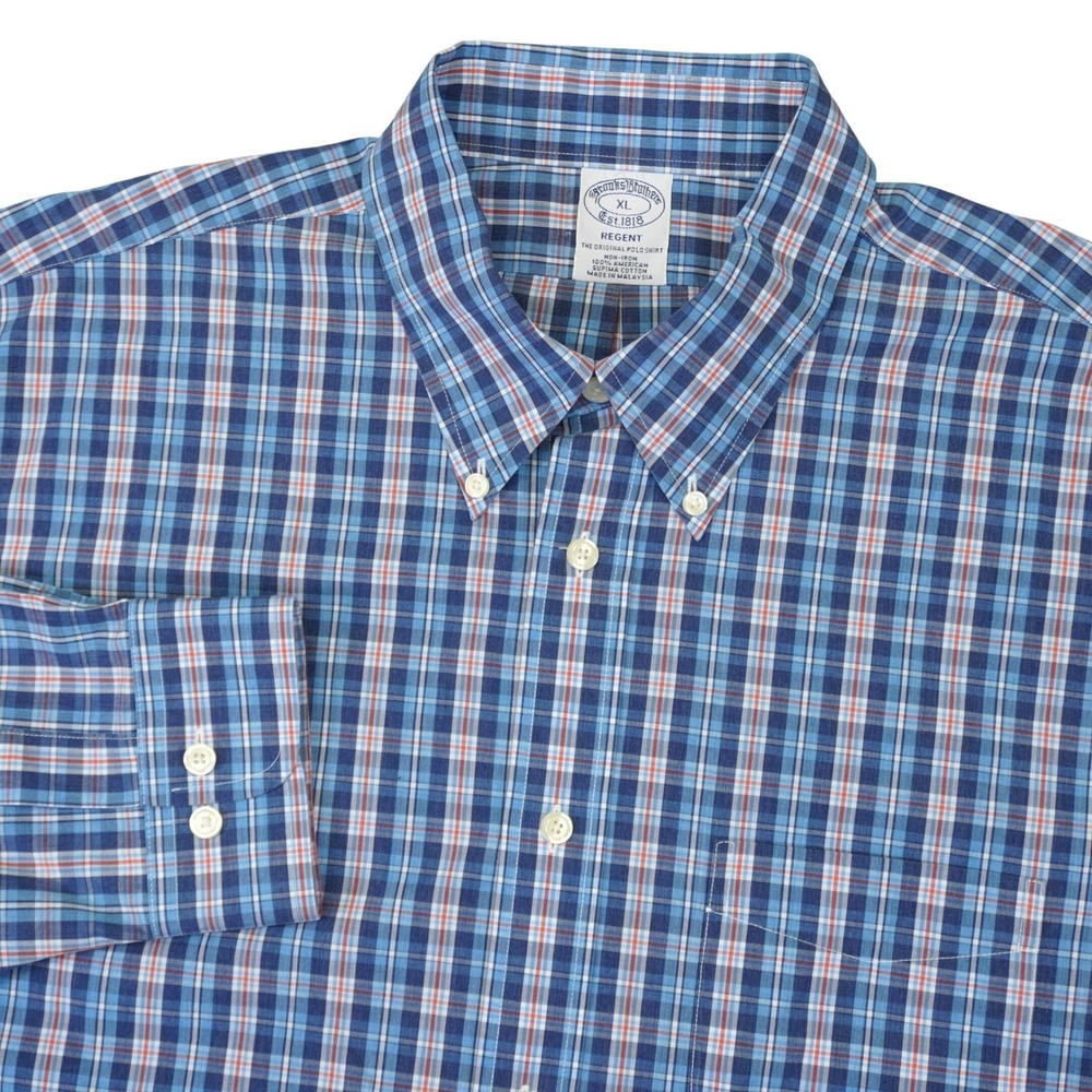 Brooks Brothers Button Down Shirt Men XL Blue Plaid Regent Fit Non-Iron Supima